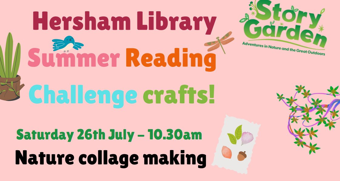 hershamlibrary's tweet image. Come along to our first Summer Reading Challenge Craft Morning at Hersham Library on Saturday 26th July.
Our Story Garden theme will be Nature Collage Making. Free event. Sign up at the Enquiry Desk. @SurreyLibraries #storygarden #summerreadingchallenge
