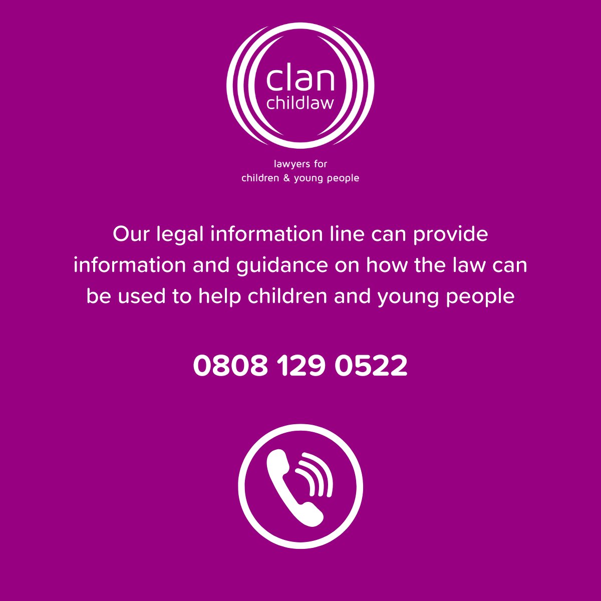 Clan's free legal information line is active throughout the summer holiday period. 

If you are supporting a child or young person and would benefit from information or guidance about how the law can be used to help, call us on 0808 129 0522or visit clanchildlaw.org