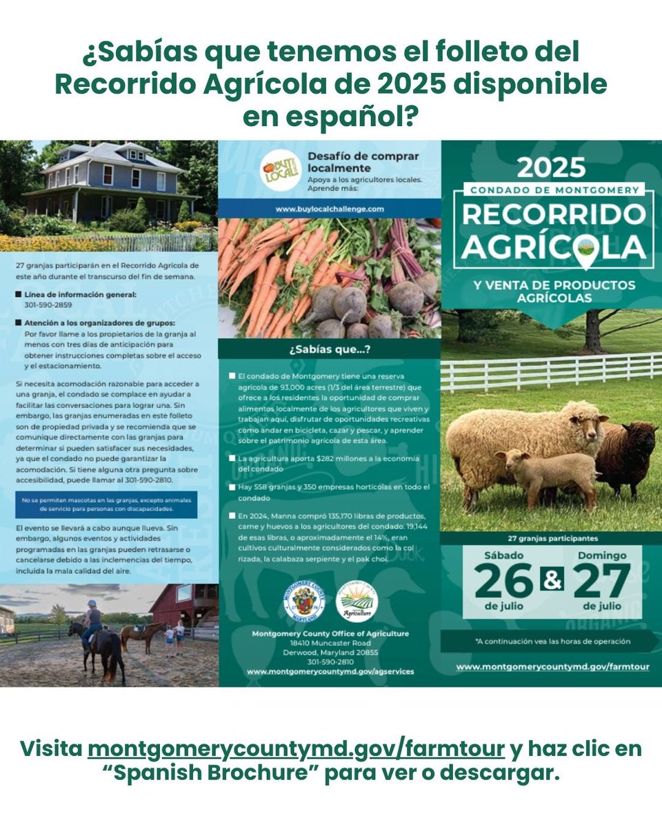 MoCoOAG's tweet image. ¿Sabías que tenemos el folleto del Recorrido Agrícola de 2025
disponible en español? Descubre las 27 granjas participantes, los detalles del evento y toda la información que necesitas—¡todo en tu idioma!
montgomerycountymd.gov/farmtour