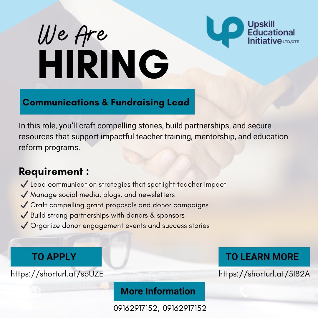 UpskillEI's tweet photo. 🚨 We’re Hiring!
Are you a skilled communication specialist with a passion for education reform? Join us as a Communications &amp; Fundraising Lead at Upskill Educational Initiative! https://t.co/27vsQgYmGp