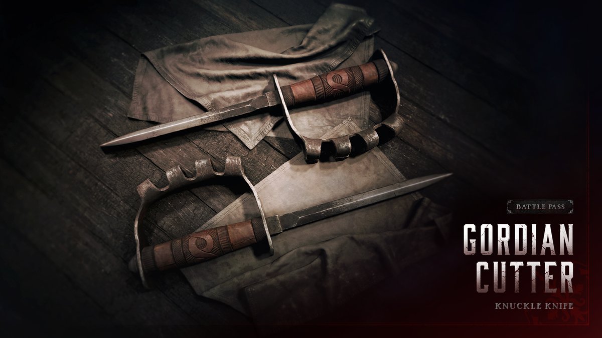 HuntShowdown's tweet image. A legend reborn in blood.
Unlock Gordian Cutter (Knuckle Knife) in the Battle Pass—forged from a judge’s gavel and carried into battle by The Pale Judge himself.
