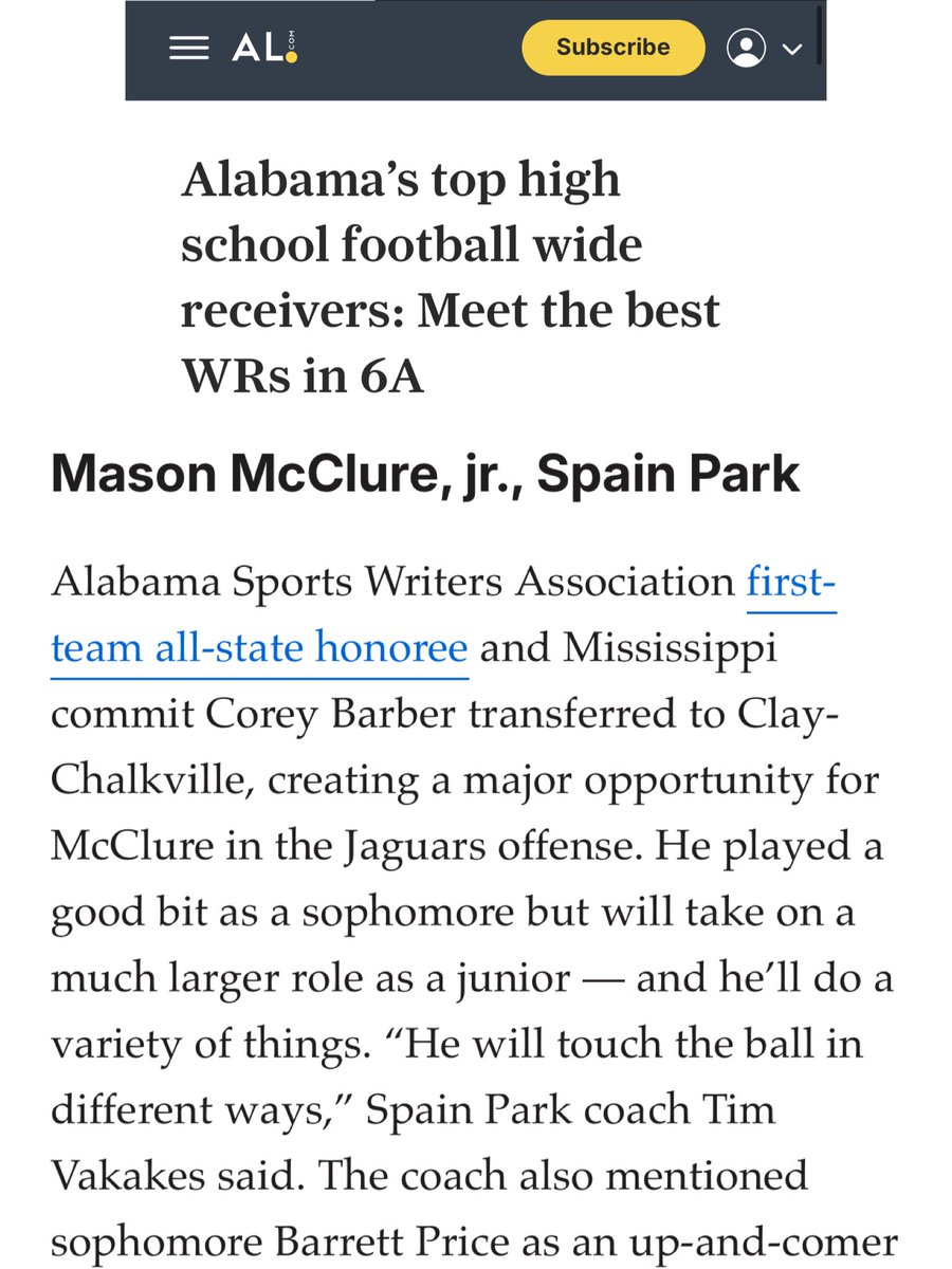 Mason McClure (@iammasonmcclure) on Twitter photo Blessed to be apart <a href="/SpainParkFB/">Spain Park Football</a> and <a href="/vakakes/">Coach Tim Vakakes</a> what we’re building. Working hard this offseason to be what our team needs on and off the field! I have the best QB in the state <a href="/brockbradley_5/">Brock Bradley</a> and my brothers and I are all in! #ParkBoys
<a href="/TDARecruiting/">Touchdown Alabama Recruiting</a> <a href="/AL6AFootball/">Alabama6AFootball</a> Blessed to be apart <a href="/SpainParkFB/">Spain Park Football</a> and <a href="/vakakes/">Coach Tim Vakakes</a> what we’re building. Working hard this offseason to be what our team needs on and off the field! I have the best QB in the state <a href="/brockbradley_5/">Brock Bradley</a> and my brothers and I are all in! #ParkBoys
<a href="/TDARecruiting/">Touchdown Alabama Recruiting</a> <a href="/AL6AFootball/">Alabama6AFootball</a>