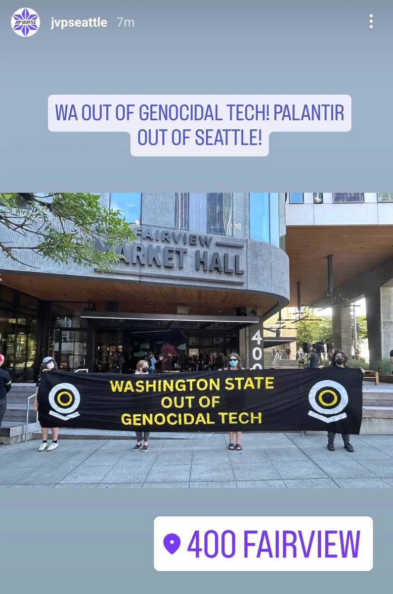 Guy Oron (@guyoron) on Twitter photo Around 100 activists with <a href="/JVPSeattle/">JVP-Seattle #CeasefireNOW</a> are blocking the entrances of the Seattle office of the surveillance corporation Palantir in South Lake Union. They are accusing the company of aiding war crimes committed by Israel against Palestinians and abusive ICE enforcement practices. Around 100 activists with <a href="/JVPSeattle/">JVP-Seattle #CeasefireNOW</a> are blocking the entrances of the Seattle office of the surveillance corporation Palantir in South Lake Union. They are accusing the company of aiding war crimes committed by Israel against Palestinians and abusive ICE enforcement practices.