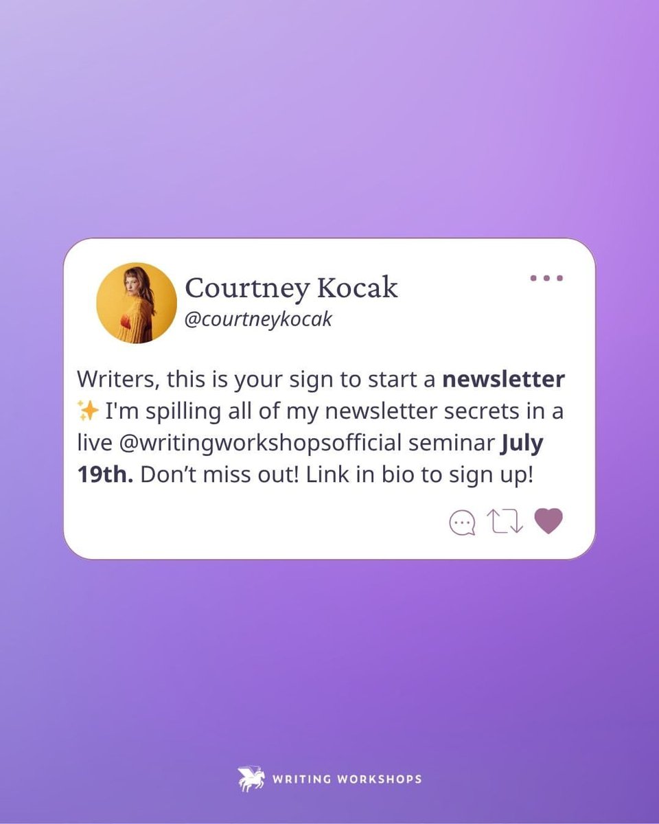 Courtney Kocak (@courtneykocak) on Twitter photo Writers, podcasters, freelancers, creatives—your newsletter = your superpower.
Want to launch one that actually works? I’m teaching a live masterclass via <a href="/WritingWorkshps/">WritingWorkshops.com</a> on Saturday that’ll get you there (recording available).
🔗 Join me: writingworkshops.com/collections/th… Writers, podcasters, freelancers, creatives—your newsletter = your superpower.
Want to launch one that actually works? I’m teaching a live masterclass via <a href="/WritingWorkshps/">WritingWorkshops.com</a> on Saturday that’ll get you there (recording available).
🔗 Join me: writingworkshops.com/collections/th…
