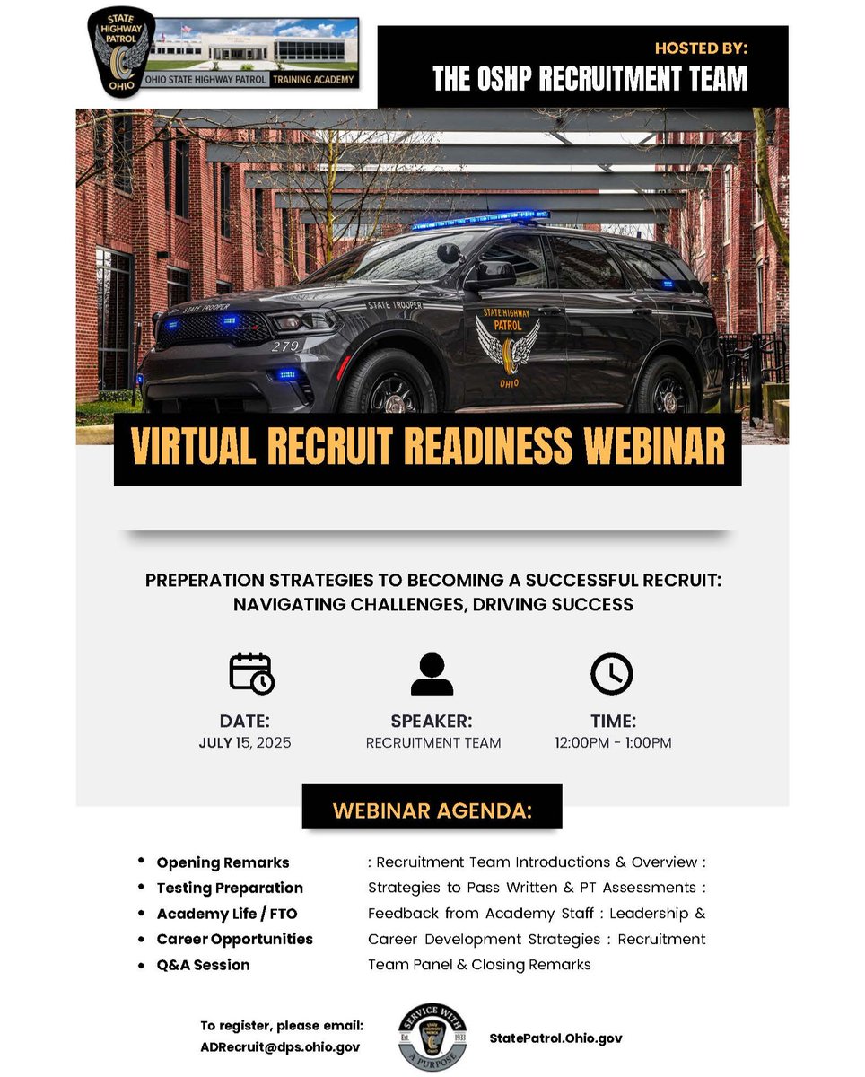 OSHP_NEOhio's tweet image. 🚨 Calling all future applicants!🚨 TOMORROW the Patrol's recruitment section will be hosting a virtual readiness seminar for anyone interested to #JoinOSHP.
Email ADRecruit@dps.ohio.gov today to register!