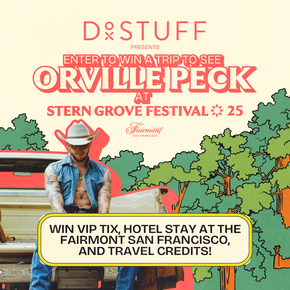 Win a trip to see <a href="/orvillepeck/">Orville Peck</a> and @jaimewyatt at <a href="/sterngrovefest/">Stern Grove Festival</a>. VIP tix + 2 nights @fairmontsf + $600 travel credits. Experience country music's masked marvel in SF's eucalyptus cathedral - 86 years of free concerts, one mysterious crooner. t.dostuffmedia.com/t/c/s/296581