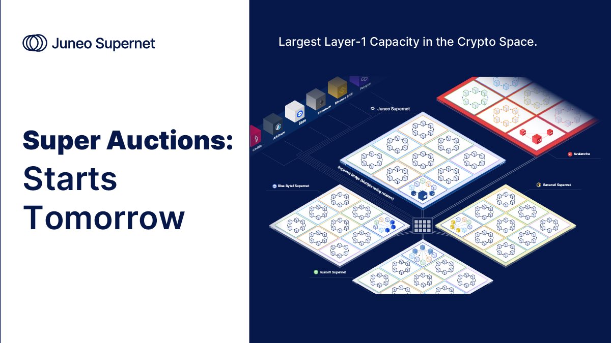 Hey community, Super Auctions are here!

We have 4 Yield Auctions dropping this week! Each with a unique staking duration

🎯 2 Auctions with 2.3x multiplier (#23 and #24)
100 $JUNE → 230 $JUNE
🎯 2 Auctions with 2.5x multiplier (#25 and #26)
100 $JUNE → 250 $JUNE

⏰ When?