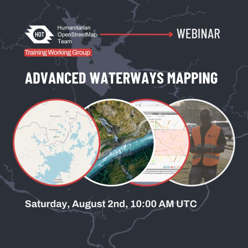 Join the HOT Training WG on August 2 for an Advanced Waterways Mapping webinar! Learn to map features like waterfalls, rapids, dams, lock gates, wetlands,piers, and more in #OSM

Watch our Beginner's Webinar to prep youtube.com/watch?v=DdlhI3…

Register now forms.gle/3GjRT5QghGhbBk…