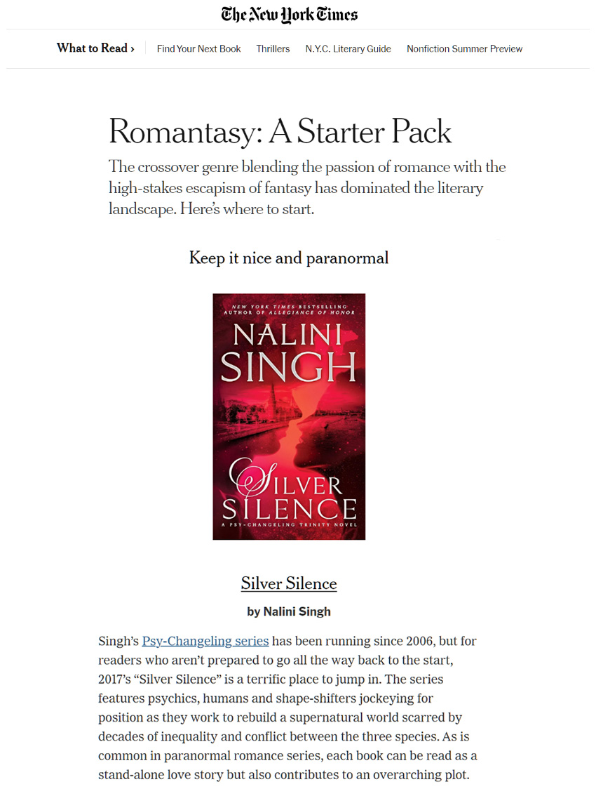 knightagency (@knightagency) on Twitter photo "Where to Start If You Love Romance and Fantasy" according to <a href="/nytimes/">The New York Times</a> includes SILVER SILENCE by <a href="/NaliniSingh/">Nalini Singh</a>! "Where to Start If You Love Romance and Fantasy" according to <a href="/nytimes/">The New York Times</a> includes SILVER SILENCE by <a href="/NaliniSingh/">Nalini Singh</a>!