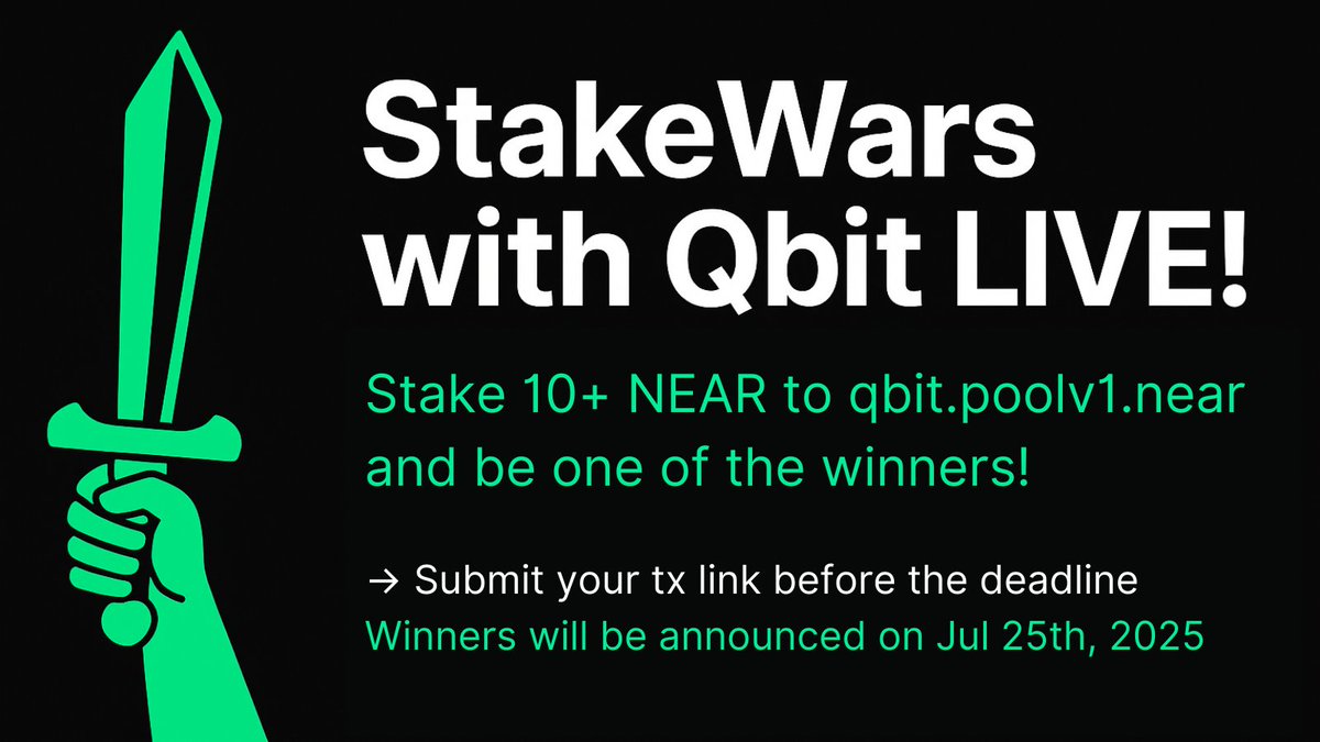 NEARN_IO's tweet image. ⚔️ StakeWars with Qbit is LIVE!
Stake 10+ $NEAR to qbit.poolv1.near and claim your spot in the bounty!
🏆 Top staker (1 week): 50 $NEAR
🥈 2nd place: 20 $NEAR
🎯 Last 16 stakers: 2 $NEAR each
Deadline: July 18, 16:00 UTC
Let’s stake — and win ✨
👉 nearn.io/qbit/1