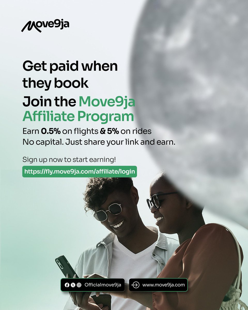 WiaMove's tweet photo. Get paid when they book.
Join the Move9ja Affiliate Program and earn 0.5% on flights and 5% on rides.
No capital needed, just share your link and start earning.
Sign up now: https://t.co/Bx9VMcBIRx
#move9ja #affiliateprogram #sidehustle #makemoneyonline #nigeriantravel #passiveincome