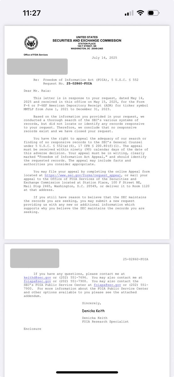 Nicholas Raia (@nicholasraia2) on Twitter photo According to <a href="/SECGov/">U.S. Securities and Exchange Commission</a> a form F-6 or F-6EF could not be located for the #MMTLP ADR. 🤔 According to <a href="/SECGov/">U.S. Securities and Exchange Commission</a> a form F-6 or F-6EF could not be located for the #MMTLP ADR. 🤔