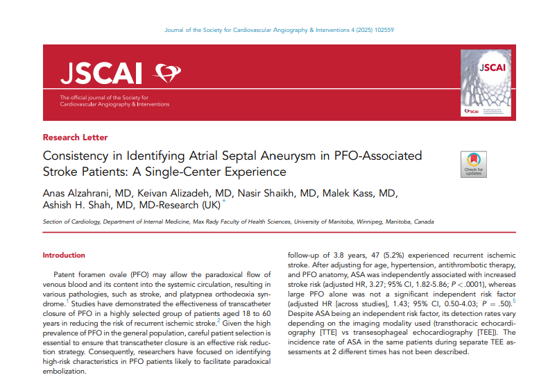 MyJSCAI's tweet image. 📑A #PFO can enable paradoxical #embolism, especially with high-risk features like atrial septal aneurysm #ASA. But findings show ASA detection via #TEE may be inconsistent on repeat exams. Thorough evaluation is essential, even if ASA isn't seen on initial #imaging. Read more💡…
