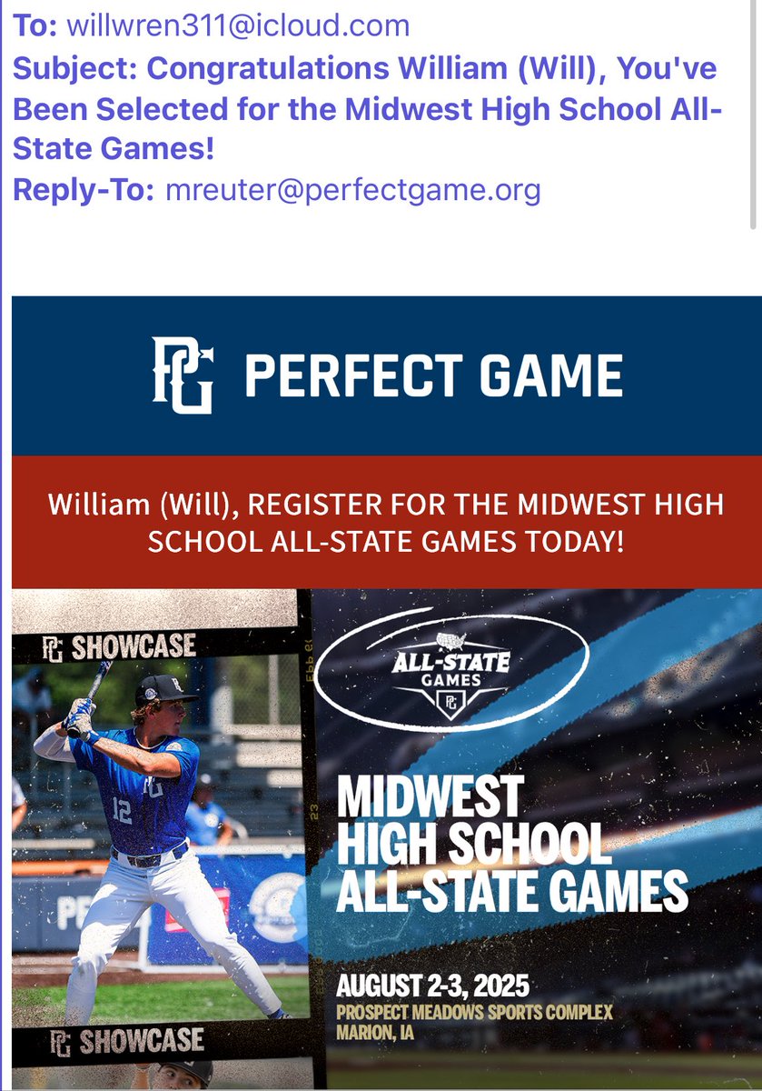 Thank you <a href="/IowaPG/">Perfect Game Iowa</a> for selecting me to play in the Midwest High School All-State Games. I appreciate the opportunity.