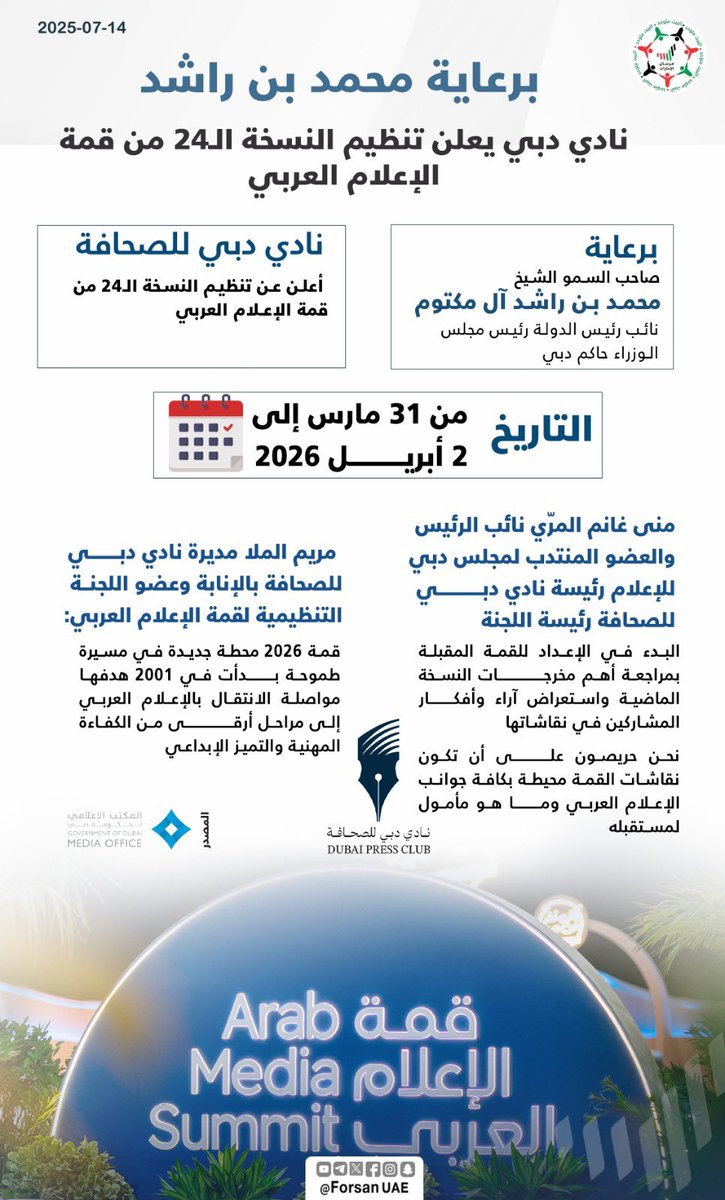 برعاية #محمد_بن_راشد.. #نادي_دبي_للصحافة يعلن عن تنظيم النسخة الـ 24 من #قمة_الإعلام_العربي، الحدث المتخصص الأكبر من نوعه في المنطقة، خلال الفترة من 31 مارس إلى 2 أبريل 2026.