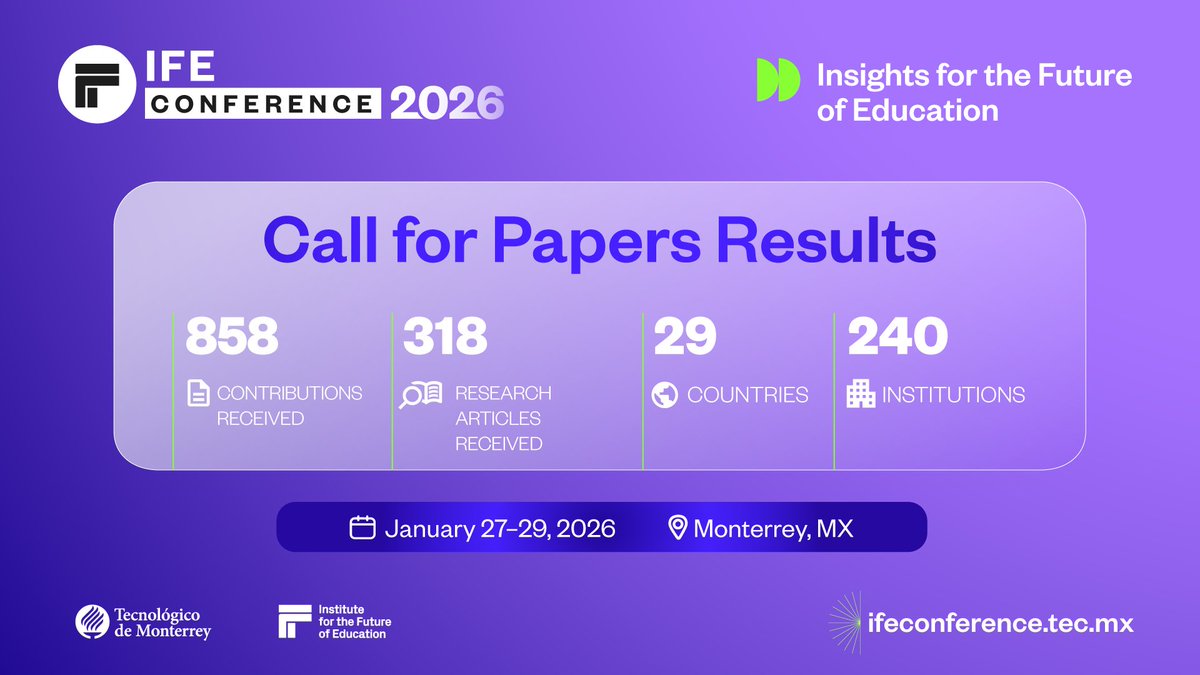 🚨Learn more about  the results of the IFE Conference 2026 call for papers!🚨

Thank you for being part of this incredible global response 🌎

See you January 27-29, 2026, in Monterrey, MX, to continue transforming the future of education together.

🔗 ifeconference.tec.mx