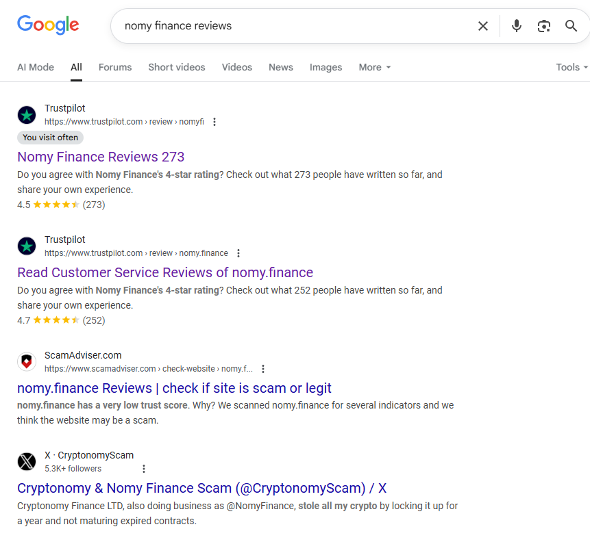 Now #4 in Google for "Nomy Finance Reviews".  Couldn't find us in the results before.  So eat shlt, <a href="/NomyFinance/">Nomy</a> &amp; Cryptonomy. I won't stop until everyone gets their crypto.