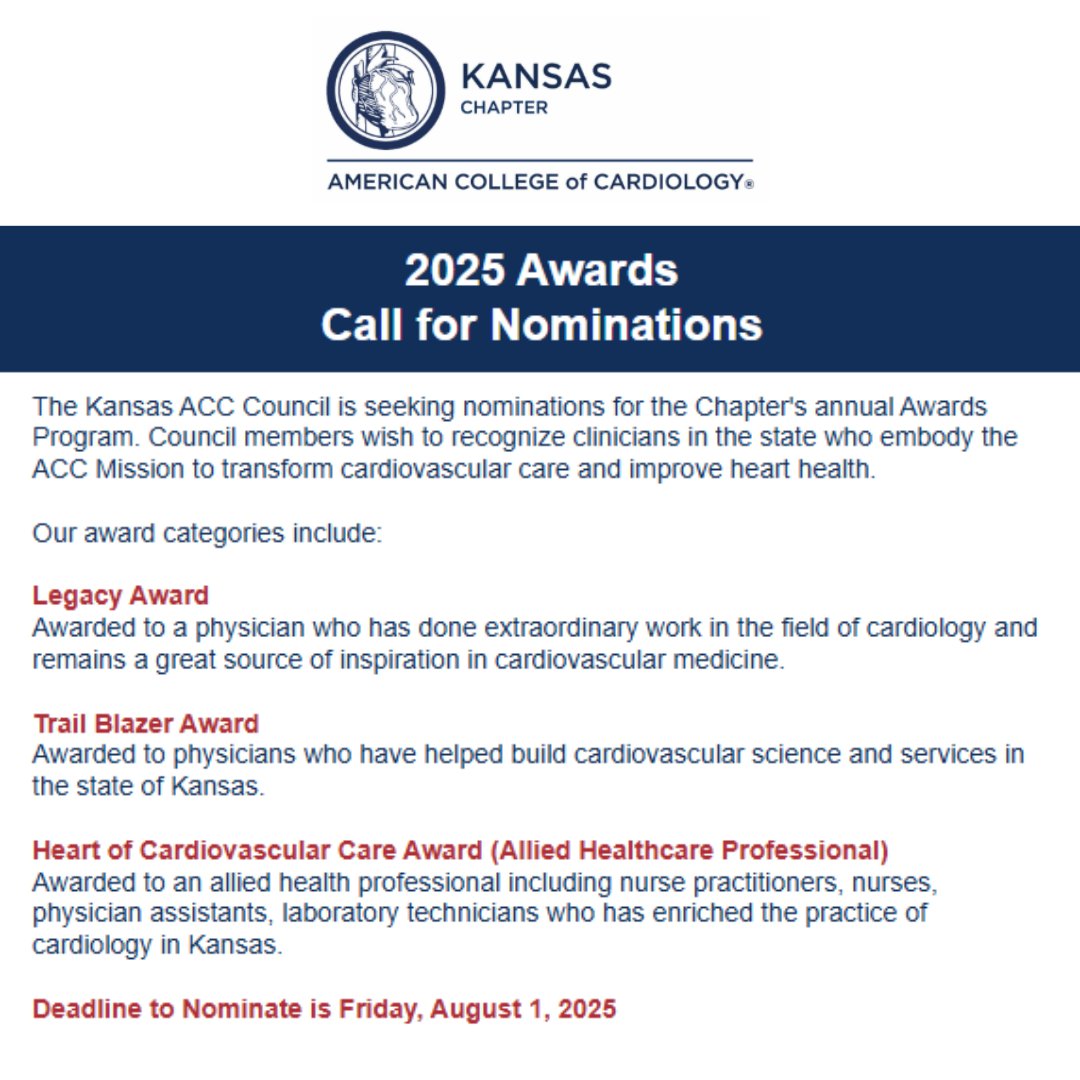 KansasACC's tweet image. 🏆 2025 KSACC Awards – Nominations now open!
Know a Kansas clinician advancing #Cardiology or heart health?
Nominate now ➡️ ow.ly/6hSN50Wpjmb
Deadline: Aug 1, 2025
#KSACC #HeartHealth #CVLeadership