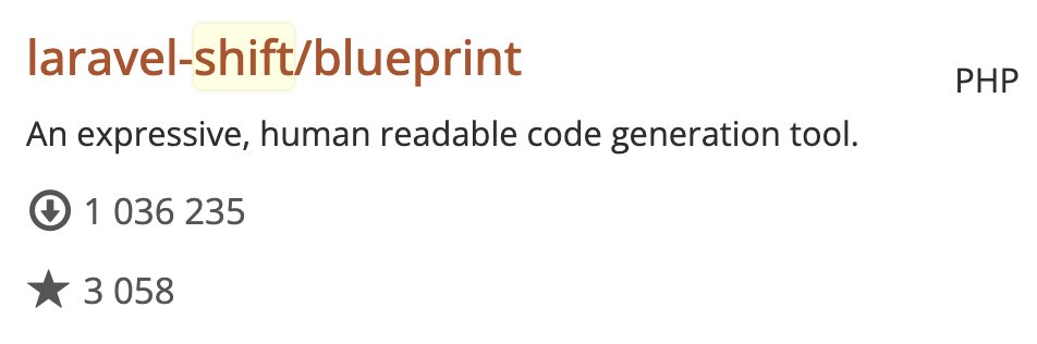 gonedark's tweet image. Haven&apos;t checked in a while, but looks like Blueprint recently passed a million downloads.

I want to give more talks on Blueprint. I don&apos;t think enough Laravel devs know about it. It can generate so much code from very little input.