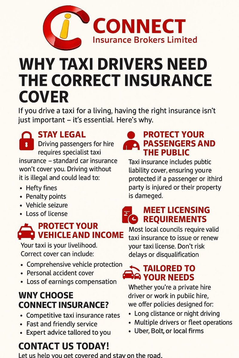 WHY DO TAXI DRIVERS NEED THE CORRECT INSURANCE COVER⁉️...

Make sure you livelihood is protected! 🛡️ 🚕  

GET A QUOTE NOW FROM CONNECT NOW - connect-insurance.uk/commercial-mot… or phone 01782 200765 ☎️

#Taxi #TaxiInsurance #ConnectInsuranceBrokers #InsuranceCover #TaxiPolicy