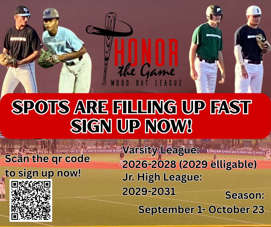 2025 HTG Wood Bat League @ the HOOVER MET COMPLEX - HOOVER, AL

REGISTRATION IS FILLING UP FAST!!

REGISTER TO SAVE YOUR SPOT!! Join Birmingham's Premier wood bat league w/ 2 divisions, JH Division &amp; HS Division.

For more information or to register scan the QR code below