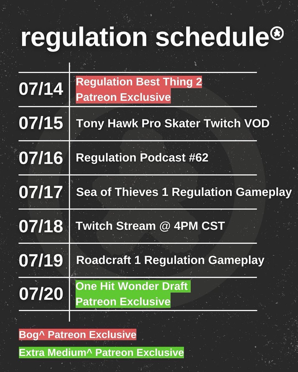RegulationPod's tweet image. Introducing the Regulation Schedule for the week of July 14th!