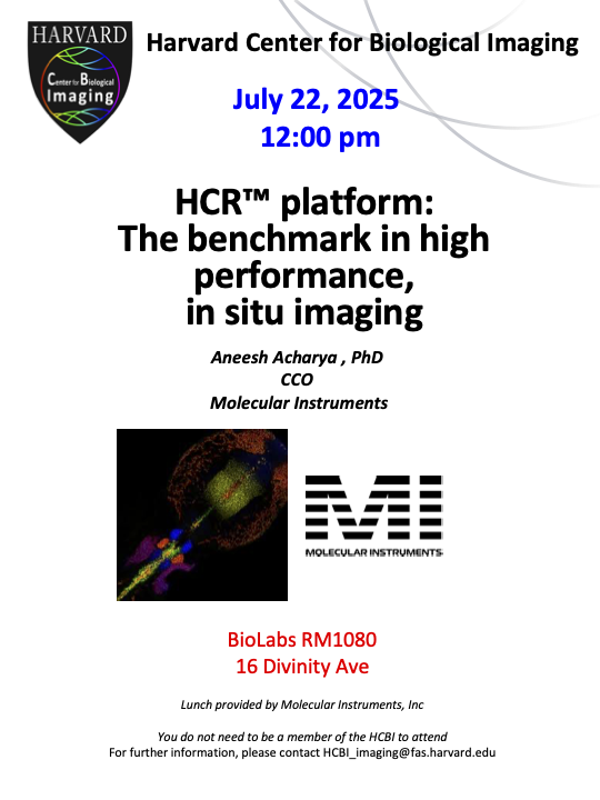 HCRimaging's tweet image. Join us for a Lunch & Learn at the Harvard Center for Biological Imaging!
This session will feature a talk by Dr. Aneesh Acharya, who will share exciting updates and innovations made possible #onlywithHCR.
📍 16 Divinity Ave, BioLabs RM1080
🗓️ July 22nd, 2025 at 12:00 PM…