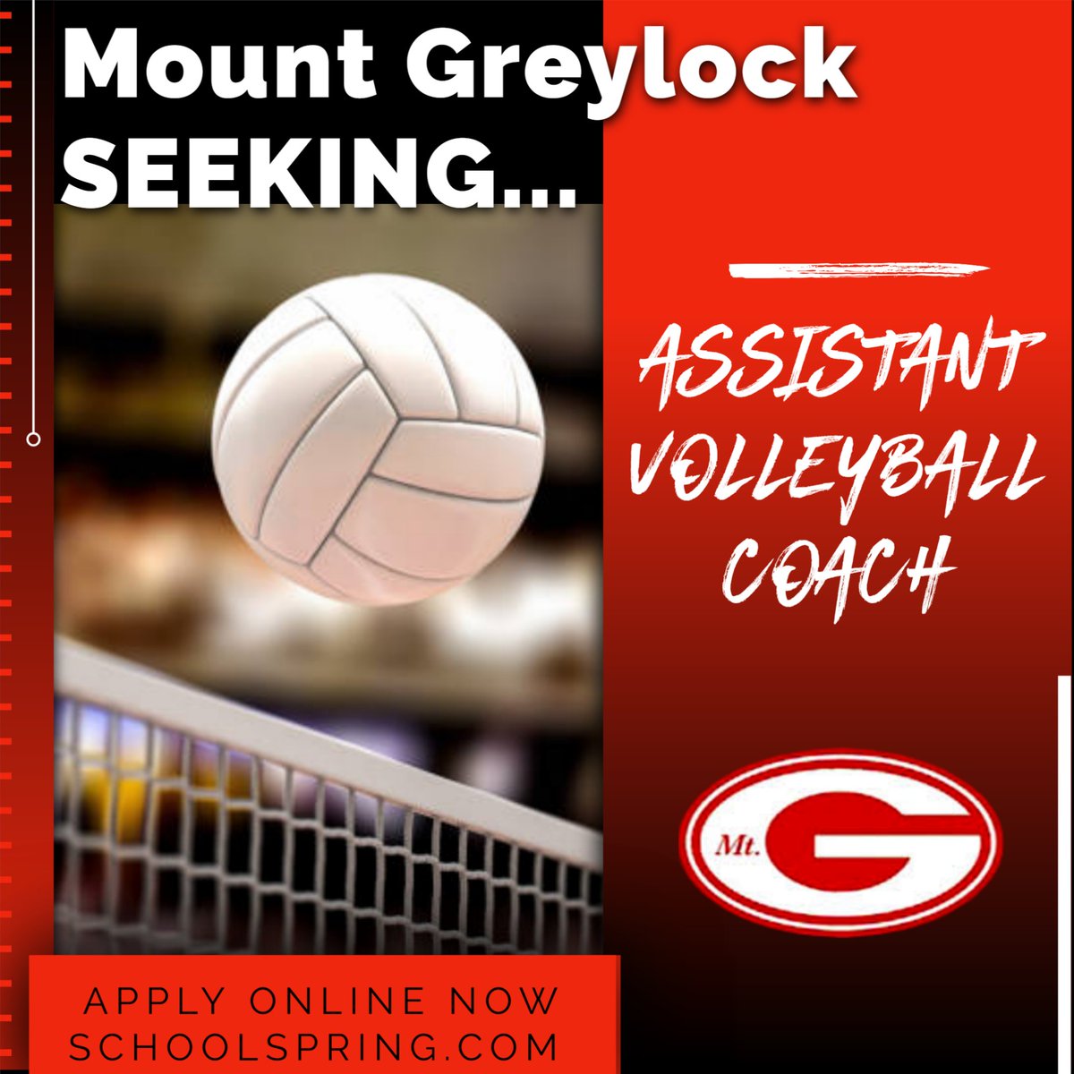 Mount Greylock looking for an Assistant Volleyball Coach for the fall season!  Contact athletics@mgrsd.org with questions!