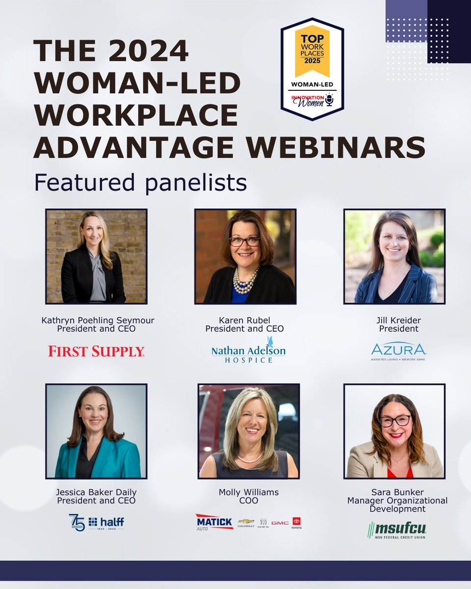 LionessMagazine's tweet image. The Woman-Led Workplace Advantage series featured six 2024 #TopWorkplace awardees: Jessica Baker Daily Halff, Molly Williams @MatickChevy, Sara Bunker @msufcu, Kathryn Poehling Seymour First Supply, Jill Kreider Azura Memory Care & Assisted Living, Karen Rubel @NAHLasVegas.