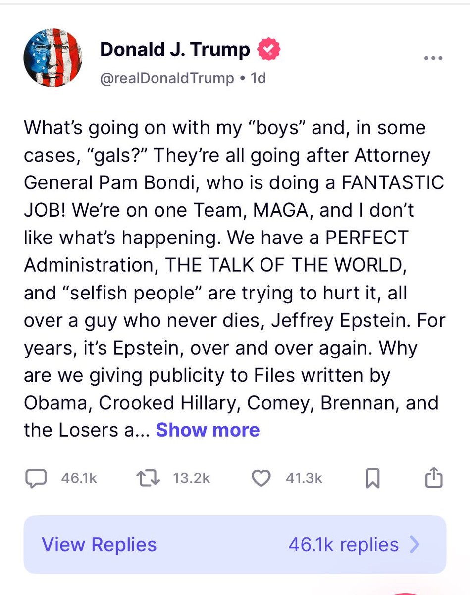 Now over 46,000 replies, virtually all critical.  On his own website.  By his own people.

truthsocial.com/@realDonaldTru…