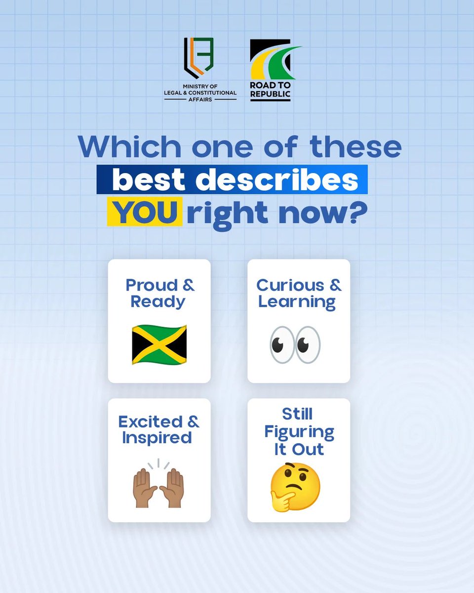 🇯🇲 Jamaica’s Republic Journey is for EVERYONE

Drop your emoji below and tell us how YOU feel about Jamaica’s move to Republic! 👇🏽
#RoadToRepublic #OnePeopleOneRepublicOneJamaica