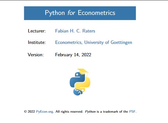 PyEcon Projesi, Python programlama dilinin ekonometride kullanımı teşvik etmeyi ve ekonomide programlama tarzının geliştirilmesine katkıda bulunmayı amaçlayan ve sürekli güncellenen bir proje.
Ders notlarına, alıştırma ve çözümlere aşağıdaki linkten ulaşabilirsiniz.