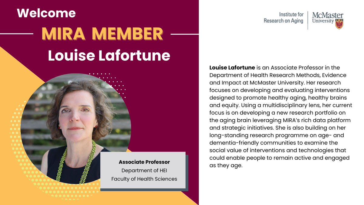 MIRAMcMaster's tweet image. #MemberMonday Welcome Dr. Louise Lafortune, Associate Professor, as a new MIRA member!
Dr. Lafortune leads research on the Aging Brain initiative, focusing on cognitive health, equity, and interventions that support healthy engaged aging.
Profile: mira.mcmaster.ca/our-faculty/lo…
