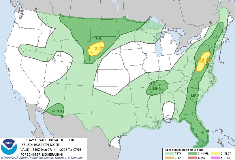 11:37am CDT #SPC Day1 Outlook Slight Risk: across the Mid-Atlantic as well as far east-central Wyoming, southwest South Dakota, and the far northern Nebraska Panhandle spc.noaa.gov/products/outlo…