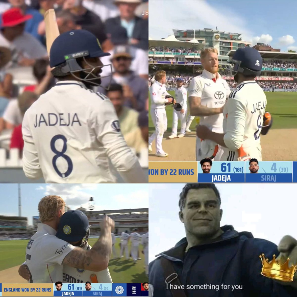 One bowled for 25+overs
One batted for 30 overs

But hard luck for Jaddu💔
Fought like warrior 🔥
#INDvsENG #INDvsENGTest 
#Jadeja