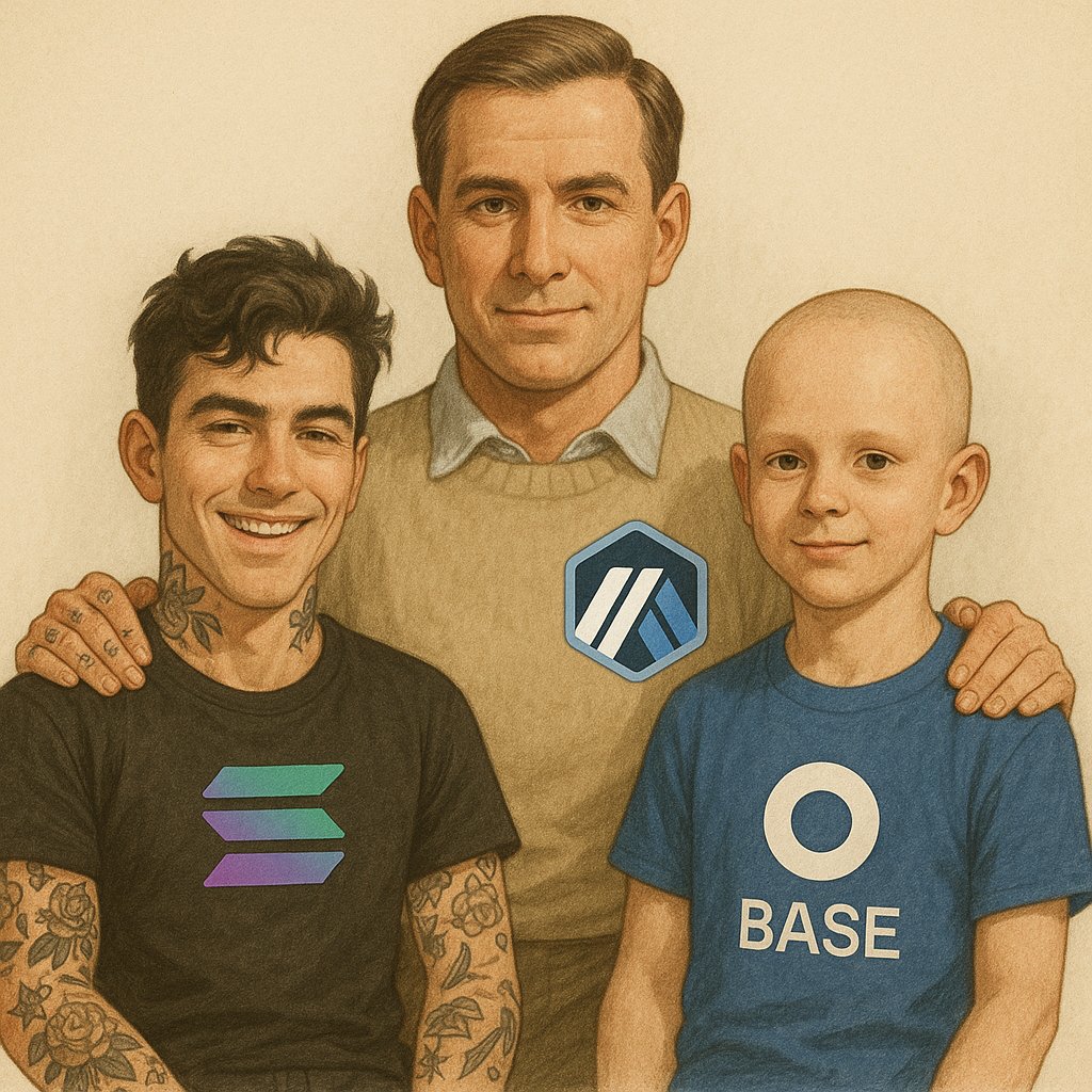 MattFiebach's tweet image. asked chatgpt to make an image of arbitrum, solana, and base as a family and it said:
"Arbitrum – responsible older brother
Solana – rebellious middle child
Base – bald ambitious youngest"