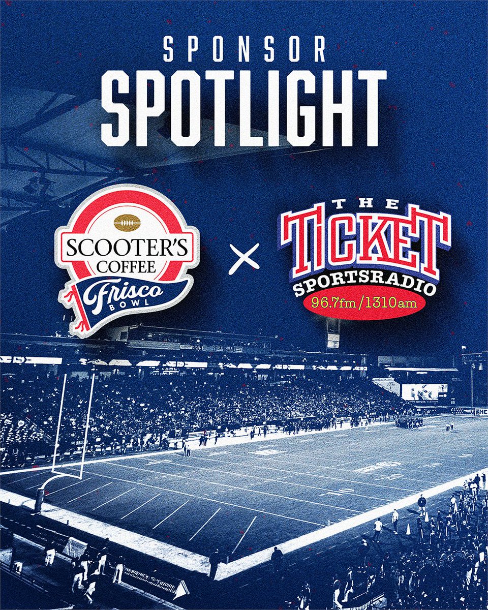 Scooter’s Coffee Frisco Bowl (@friscobowlgame) on Twitter photo Sponsor Spotlight! Shoutout to <a href="/dfwticket/">96.7 The Ticket</a> for keeping DFW fans in the loop! 🎙️📻 Tune in to 96.7 FM and 1310 AM for all the latest sports news and updates. Thank you for supporting the Scooter's Coffee Frisco Bowl!
#FriscoBowl | #1310TheTicket Sponsor Spotlight! Shoutout to <a href="/dfwticket/">96.7 The Ticket</a> for keeping DFW fans in the loop! 🎙️📻 Tune in to 96.7 FM and 1310 AM for all the latest sports news and updates. Thank you for supporting the Scooter's Coffee Frisco Bowl!
#FriscoBowl | #1310TheTicket