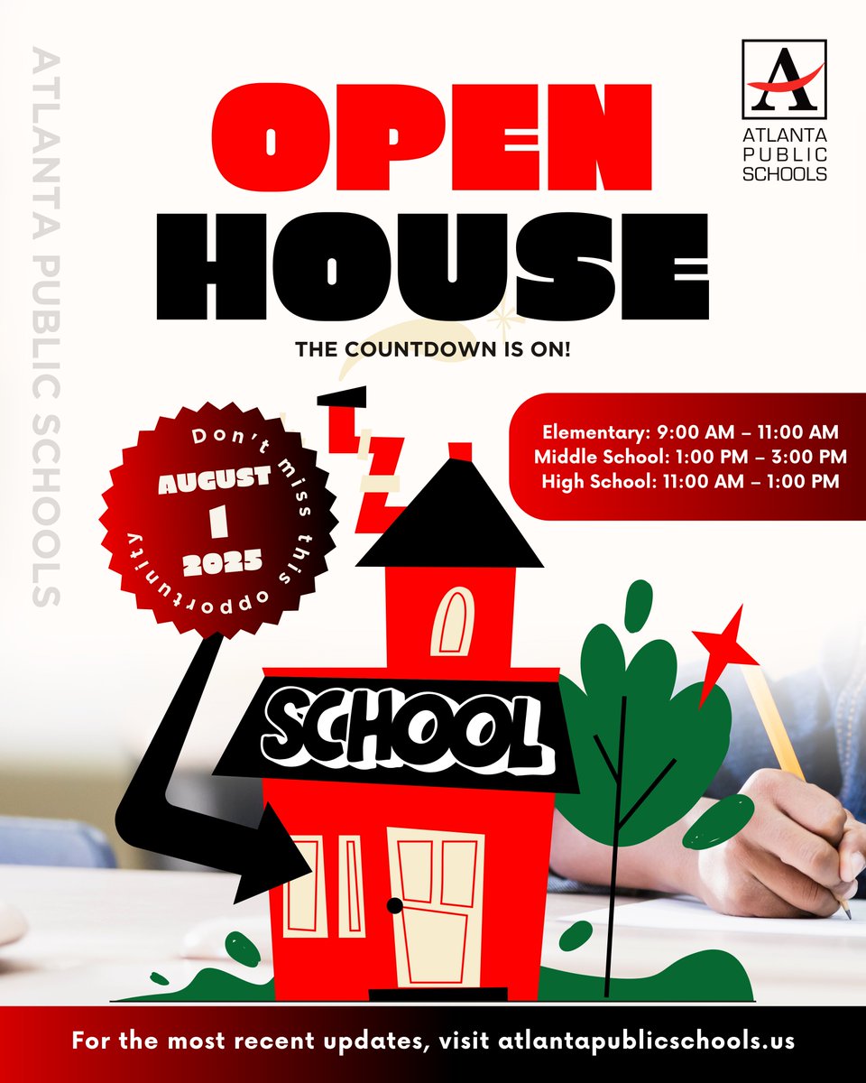apsupdate's tweet image. Mark your calendars! Atlanta Public Schools will host Open House on Friday, August 1st, 2025.
- **Elementary Schools:** 9:00 AM – 11:00 AM
- **Middle Schools:** 1:00 PM – 3:00 PM
- **High Schools:** 11:00 AM – 1:00 PM
Don’t miss the chance to explore the schools, meet…