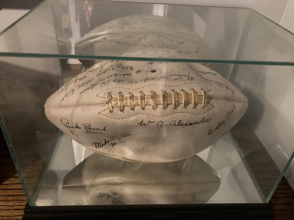 This 1944 Sugar Bowl game ball was signed by William Alexander, Bobby Dodd, and Frank Broyles.

Alumnus Jeff Rehberg, IE 96, now owns it.