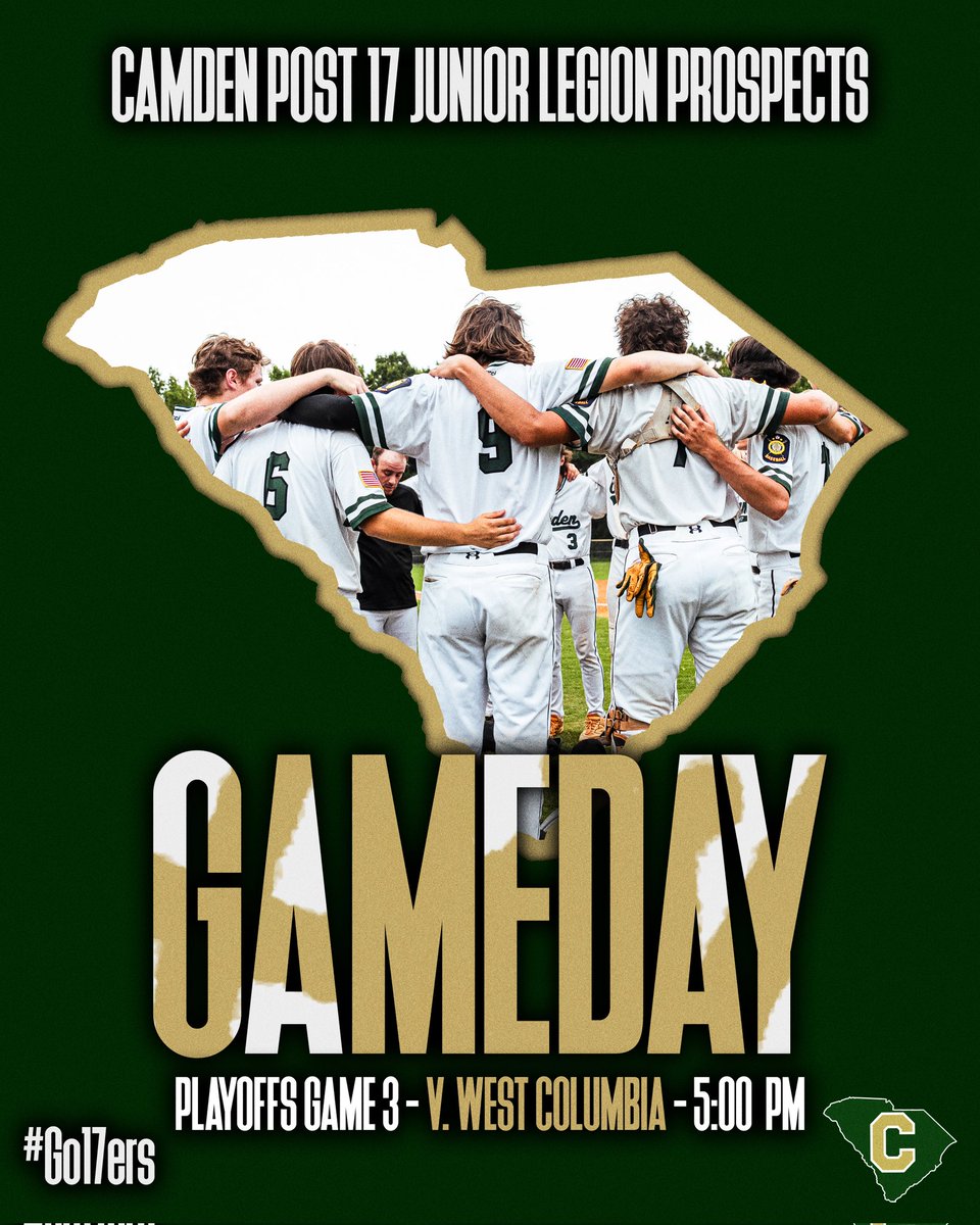 Gameday! Prospects back in action this evening taking on West Columbia post 79 AAA in round 2 of the <a href="/SCALBOfficial/">SC American Legion Baseball</a> playoffs! Come out and support us @ 5:00 and our senior team <a href="/P17Baseball/">Camden Post 17ers</a> following our game.