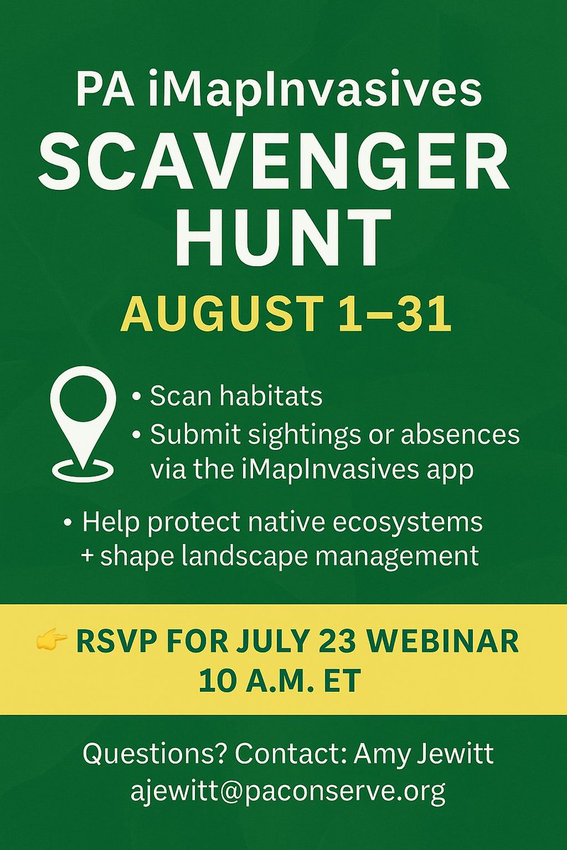 WorldofWeeds's tweet image. 📣 Join the PA iMapInvasives #ScavengerHunt Aug 1–31!
🔍 Scan habitats
📱 Report #invasiveplants via the app
🌱 Help shape #weedmanagement across PA
🗓️ Free webinar: July 23 @ 10 AM ET — RSVP now!
📩 ajewitt@paconserve.org
🔗 ow.ly/XYzy50WpkQx
#WSSA #weedscience