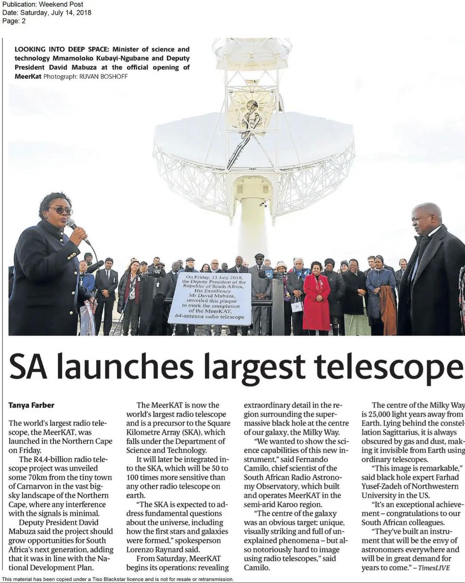 SKA_Africa's tweet photo. #ProudlySouthAfrican! In 2018, we launched #MeerKAT, the worldโs largest radio telescope, a precursor to the #SKA!
Located in the Northern Cape, this marvel is unlocking secrets of the universe & putting SA at the forefront of astronomy. ๐๐ฟ๐ฆ #ScienceForTheFuture #SARAO https://t.co/xauep64YuW