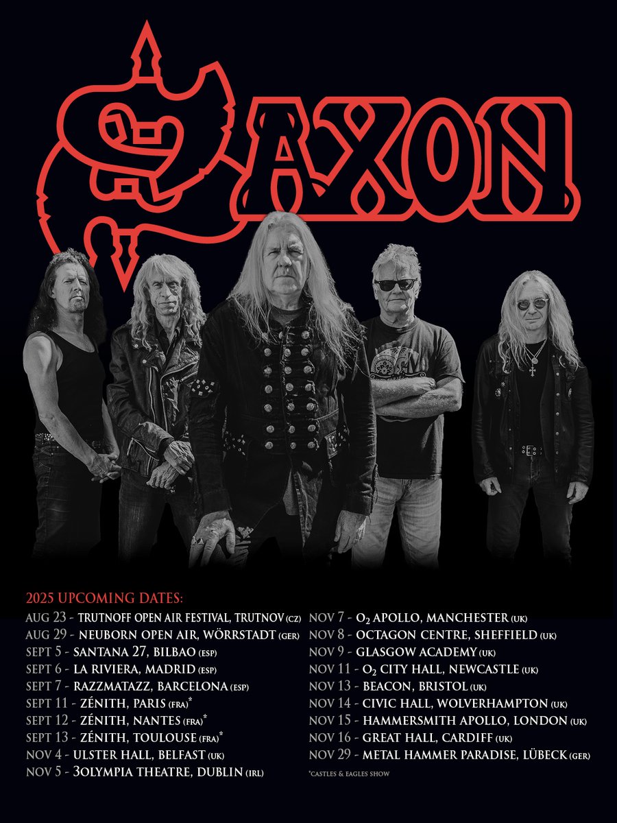 SaxonOfficial's tweet image. The mighty Saxon's updated 2025 shows!๐คโ ๐ฅ
For tickets to all shows go to: saxon747.com/tourdates
#themightysaxon #britishheavymetal #livegigs