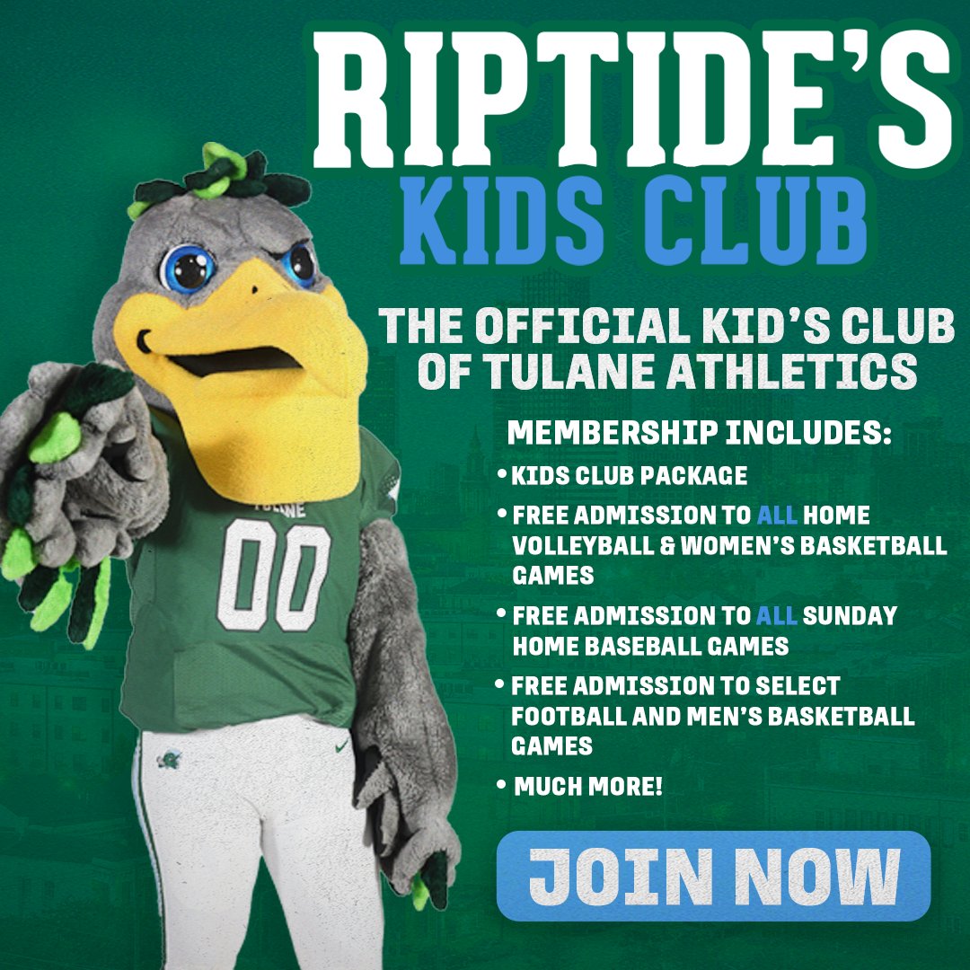 TulaneAthletics's tweet image. Hey kids, registration for the Riptide’s Kids Club, presented by @raisingcanes, is open NOW! Sign-up to receive a swag package and exclusive experiences throughout the year with Green Wave Athletics!
More info ▶️ tulanegreenwave.com/kidsclub
#RollWave
