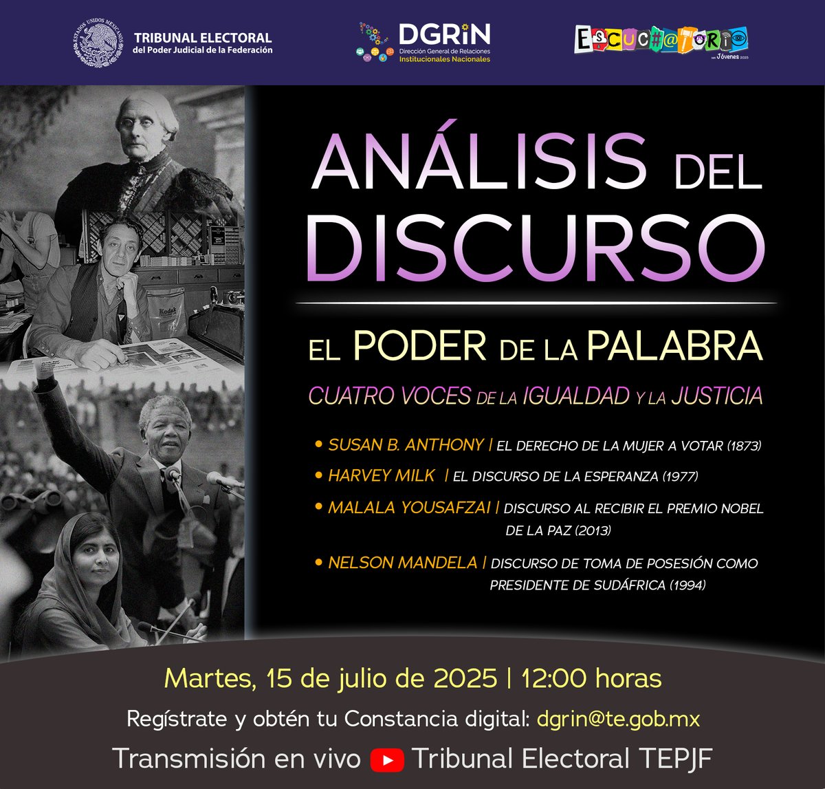 TEPJF (@tepjf_informa) on Twitter photo Conéctate al "Análisis del discurso: El poder de la palabra. Cuatro voces de la igualdad y la justicia".
🗓️15 de julio, ⏰12:00 h.
📨Regístrate en el correo: dgrin@te.gob.mx
▶️Sigue la transmisión #EnVivo a través del enlace: youtube.com/live/AiLL3LU7R… Conéctate al "Análisis del discurso: El poder de la palabra. Cuatro voces de la igualdad y la justicia".
🗓️15 de julio, ⏰12:00 h.
📨Regístrate en el correo: dgrin@te.gob.mx
▶️Sigue la transmisión #EnVivo a través del enlace: youtube.com/live/AiLL3LU7R…