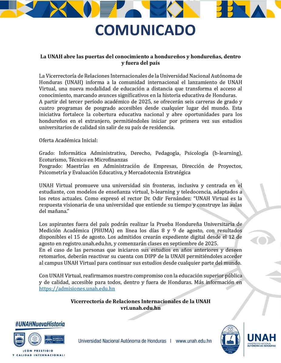 Vicerrectoría de Relaciones Internacionales UNAH (@vriunah) on Twitter photo 
