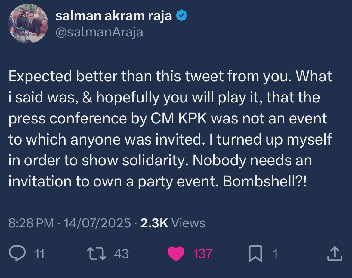 اس کو ریٹویٹ کریں اس سے پہلے کہ انصافی چاقو چھریاں لیکر چڑھ دوڑیں

جنرل سیکرٹری پاکستان تحریک انصاف <a href="/salmanAraja/">salman akram raja</a> کے بارے وہ الفاظ لکھے ہیں جو انہوں نے کہے ہی نہیں بلکہ جو انہوں نے کہا اسکے بارے ٹویٹ کر دیا ہے 

ترجمہ: آپ سے اس ٹویٹ سے بہتر کی توقع ہے۔ میں نے جو کہا تھا، اور امید