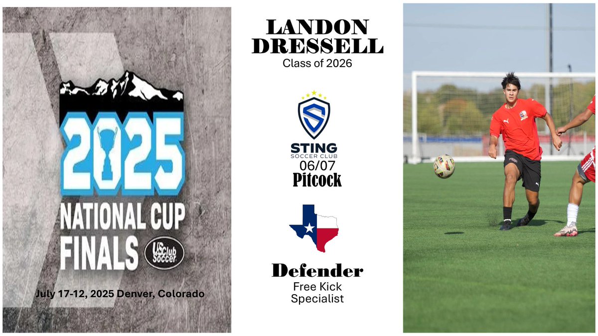 DressellLandon's tweet image. I will be playing in the US Club National Championship this week in Denver, CO. @USClubSoccer @ImYouthSoccer @THEmattpitcock @KickExposure @SoccerRecruitin @tr3dio @GMsportsmedia1 @TXTopTalent @TXRecruits @CoachPfursich @StingSoccerClub @MarcoPeterson07