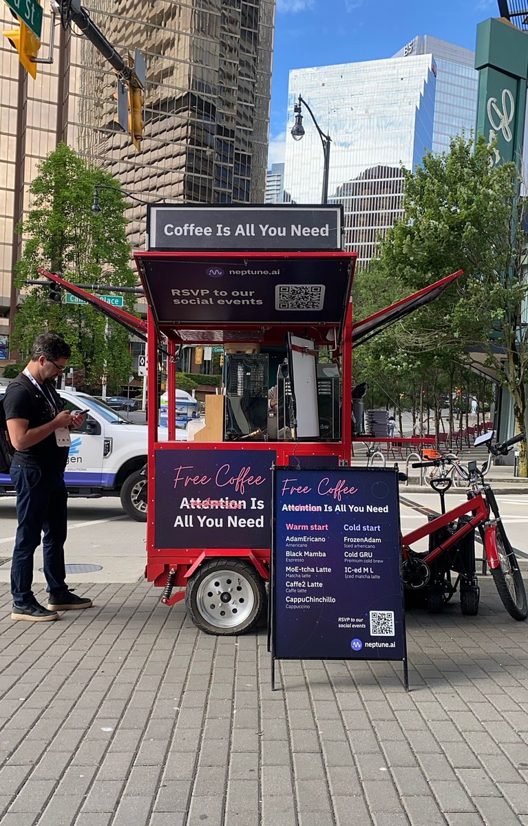 Our ML-inspired coffee menu is live at ICML 2025. 

2 bikes at the VCC main entrance. Pouring up to 800 cups a day—when it’s gone, it’s gone! 

Will you go for the "MoE-tcha Latte" or "AdamEricano"?

Bonus: Score a pocket notebook for those “wait, this might actually work”
