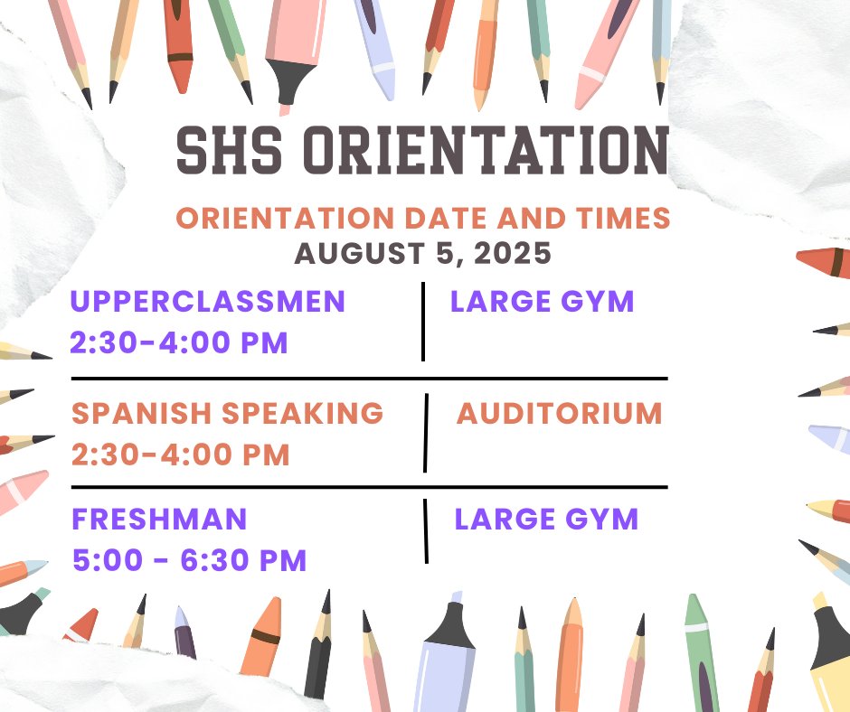 Southern HS orientation date and times.